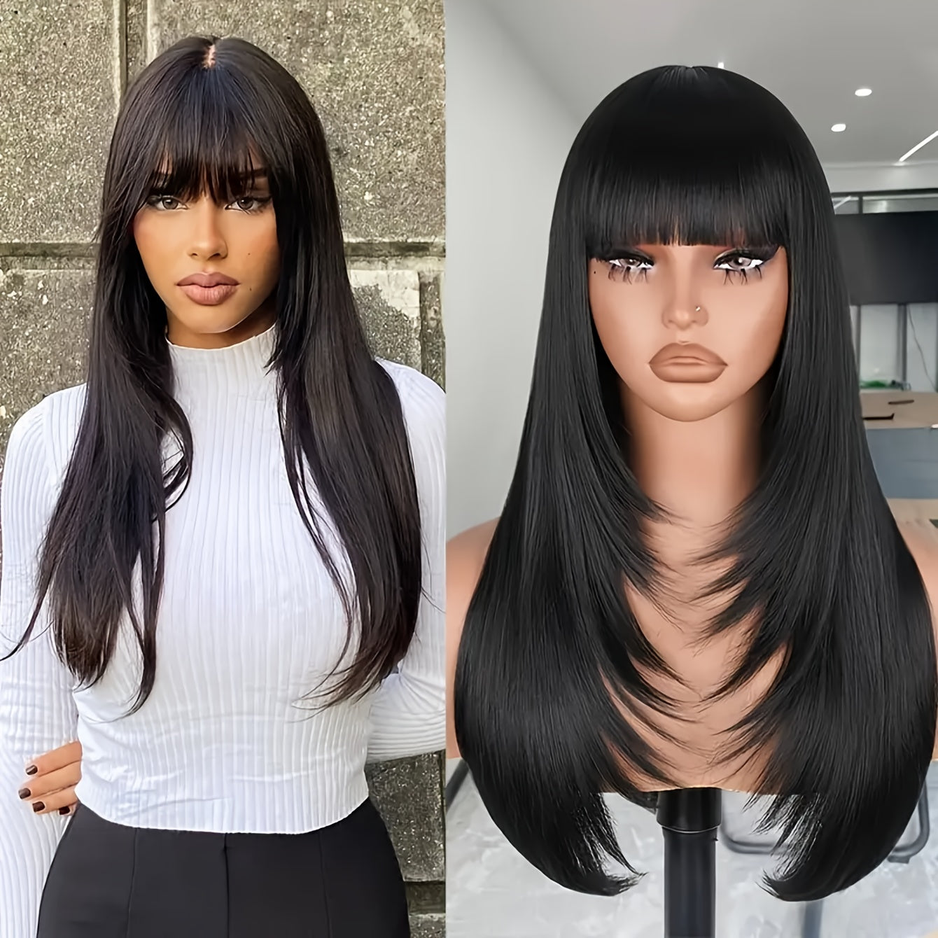 26" Long Straight Layered Wig with Bangs - Natural Black Synthetic Hair, Glueless Put-On Style, High-Temperature Fiber, Pixie Cut for Women, Perfect for Casual Attire